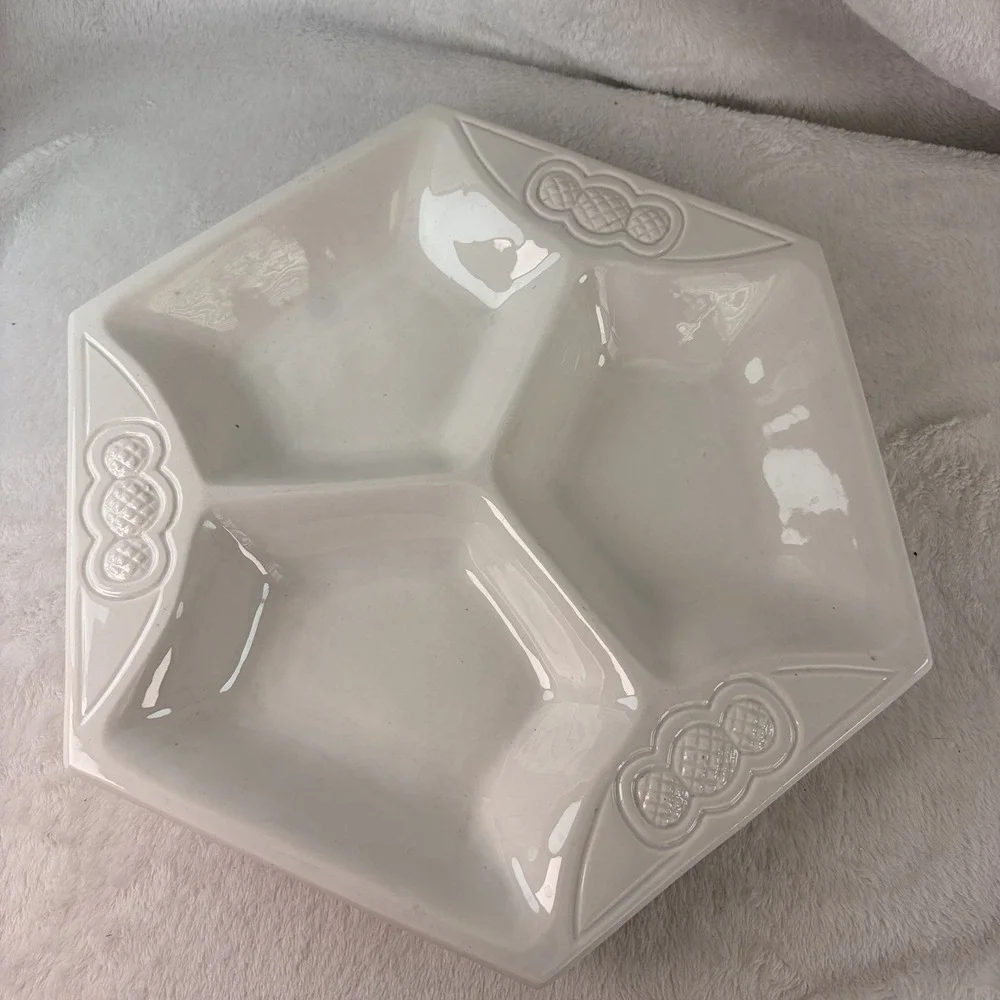 Vintage 60s California Pottery White Hexagon Divided Serving Dish L 204 MCM USA